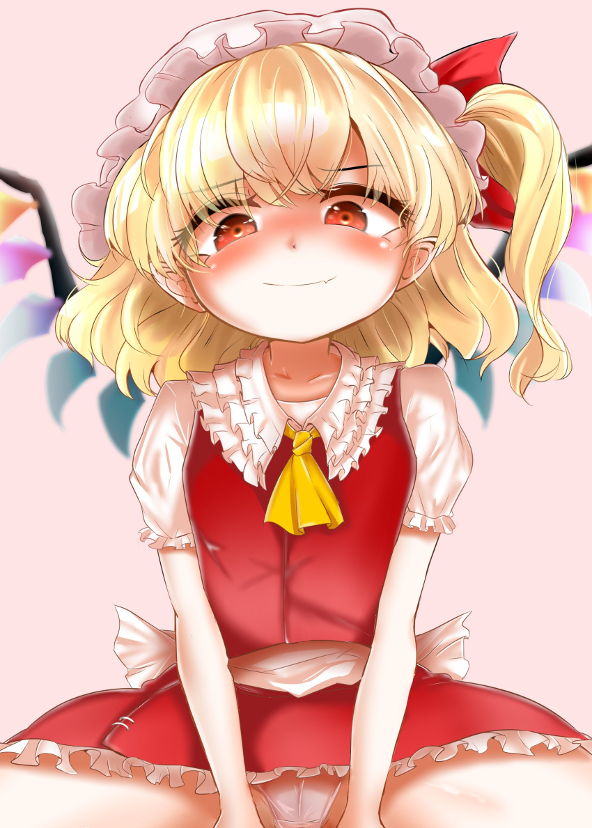 1girl absurdres blonde_hair blush crystal crystal_wings fang flandre_scarlet hat highres hiyoko_setto looking_at_viewer mob_cap panties red_eyes red_vest short_sleeves side_ponytail skin_fang smile solo touhou underwear upskirt vest white_panties wings