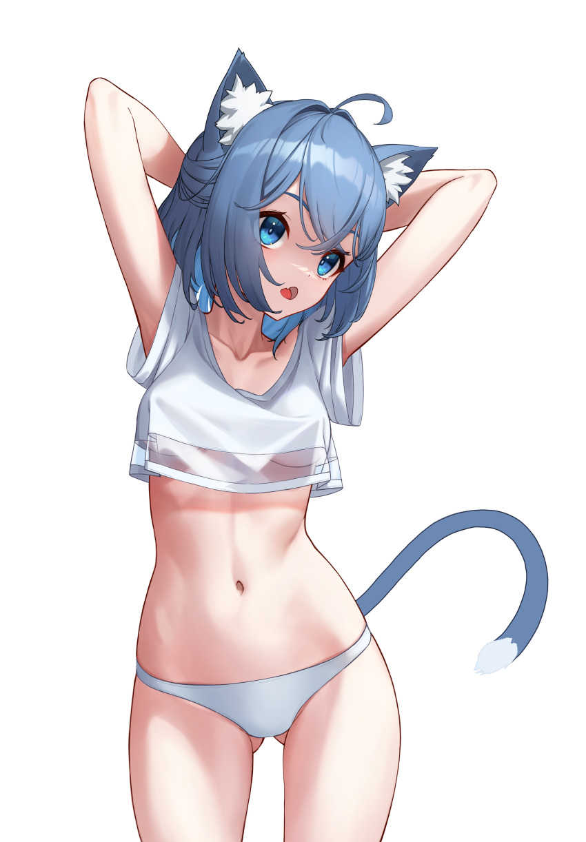1girl absurdres ahoge animal_ear_fluff animal_ears arms_behind_head arms_up ass_visible_through_thighs blue_eyes blue_hair breasts cat_ears cat_girl cat_tail cowboy_shot crop_top crossed_bangs dot_nose hair_between_eyes highres looking_to_the_side medium_hair navel no_pants open_mouth original panties pjman short_sleeves simple_background small_breasts solo standing stomach tail underwear white_background white_panties