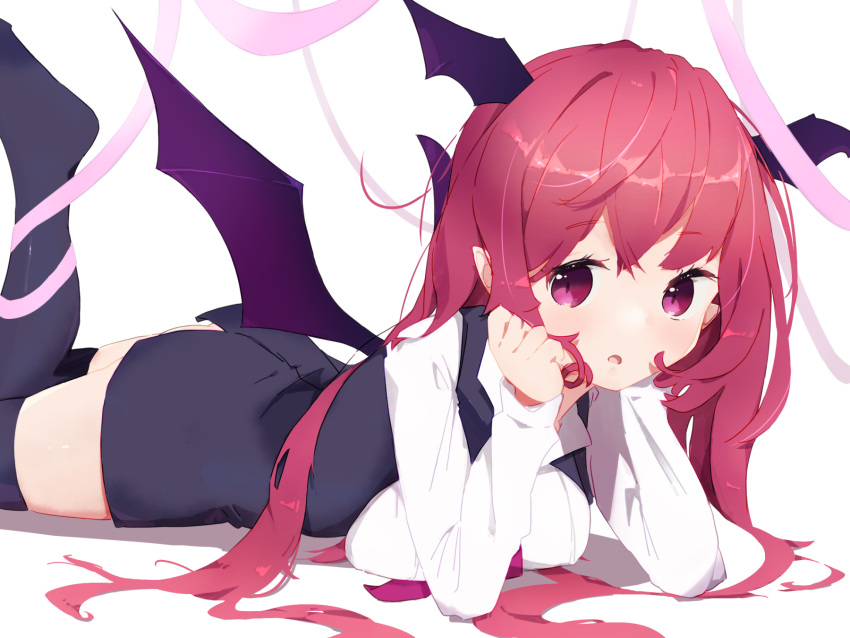 1girl black_skirt black_thighhighs black_vest black_wings chikuzen1996 demon_wings head_wings highres koakuma long_hair long_sleeves looking_at_viewer lying on_stomach open_mouth red_eyes red_hair shirt simple_background skirt solo the_pose thighhighs touhou vest white_background white_shirt wings