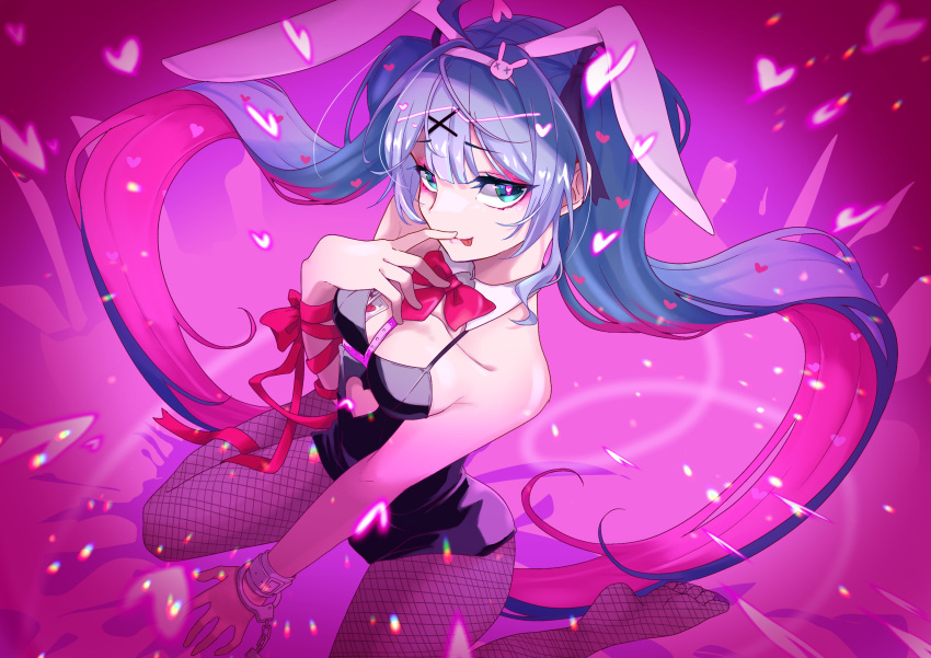 1girl absurdres animal_ears arm_ribbon blue_eyes blue_hair bow bowtie breasts clothing_cutout detached_collar fake_animal_ears feet fishnet_pantyhose fishnets hair_ornament hairband hand_to_own_mouth handcuff_dangle hatsune_miku heart heart-shaped_pupils heart_cutout highres leotard long_hair looking_at_viewer no_shoes pantyhose playboy_bunny rabbit_ears rabbit_hair_ornament rabbit_hole_(vocaloid) ribbon sitting small_breasts smile solo symbol-shaped_pupils tongue tongue_out tubu2tarako twintails very_long_hair vocaloid wariza x_hair_ornament