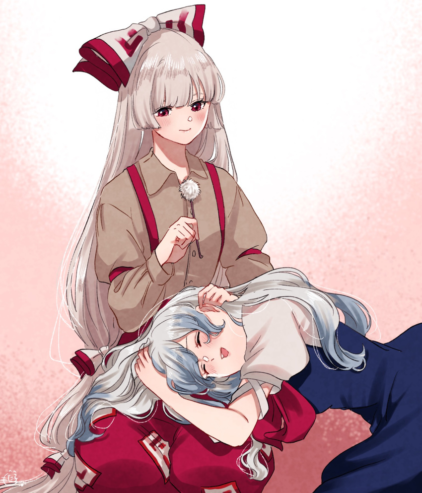 2girls :d blush bow closed_eyes closed_mouth commentary_request ear_cleaning fujiwara_no_mokou gradient_background grey_hair hair_bow highres kamishirasawa_keine lap_pillow light_smile long_hair mimikaki mokoiscat multiple_girls no_headwear pink_background simple_background smile touhou very_long_hair yuri