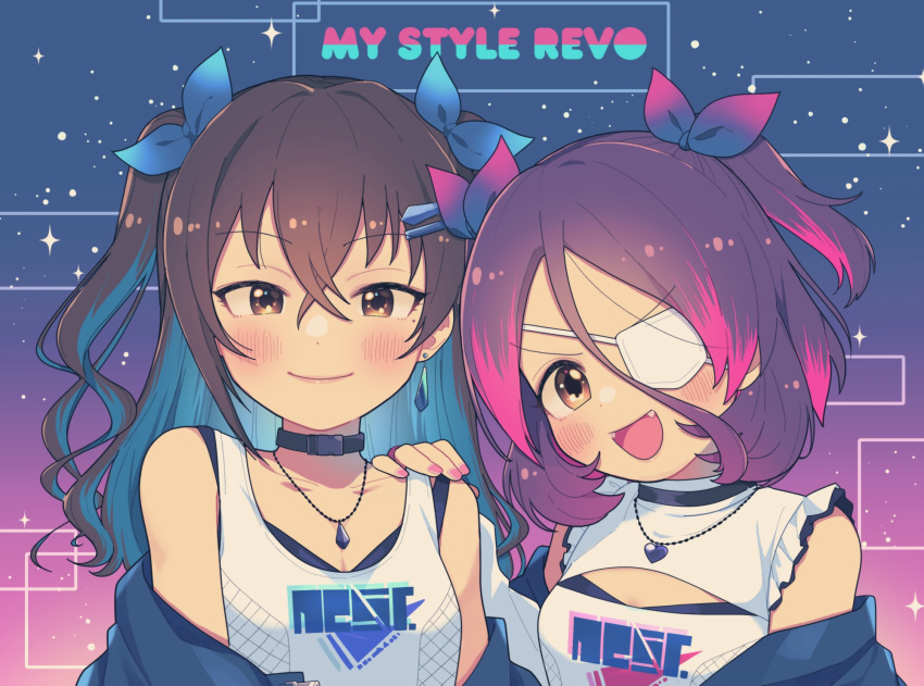 2girls bare_shoulders black_hair blue_hair blue_jacket blush bow breasts brown_eyes choker cleavage_cutout closed_mouth clothing_cutout colored_inner_hair crossed_bangs earrings english_text eyepatch fangs hair_between_eyes hair_bow hand_on_another's_shoulder hayasaka_mirei head_tilt highres idolmaster idolmaster_cinderella_girls idolmaster_cinderella_girls_starlight_stage jacket jewelry long_hair looking_at_viewer manami_(marumaru_eeyan) mole mole_under_eye multicolored_hair multiple_girls off_shoulder open_mouth pendant purple_hair shirt short_hair sidelocks sleeveless sleeveless_shirt small_breasts smile snap-fit_buckle streaked_hair sunazuka_akira tank_top two_side_up upper_body white_shirt