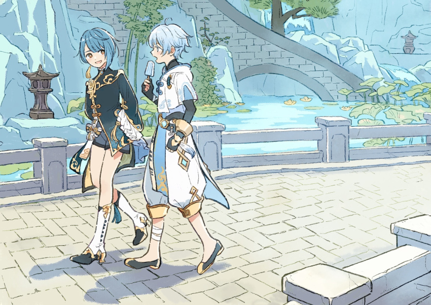 2boys :d ahoge asymmetrical_hair baggy_pants bandaged_leg bandages belt black_footwear black_gloves blue_coat blue_eyes blue_hair blue_shorts blunt_bangs boots bracelet bridge chinese_clothes chongyun_(genshin_impact) coat commentary_request cropped_hoodie day earrings flower food frilled_sleeves frills genshin_impact gloves gold_trim hand_up high_heel_boots high_heels holding holding_food holding_popsicle hood hood_down hoodie inoue_haruka_(haruharu210) jewelry lantern lily_pad long_sleeves looking_at_another male_focus multiple_boys open_mouth outdoors pants parted_bangs partially_fingerless_gloves popsicle rock shoes short_hair short_shorts short_sleeves shorts sidelocks single_earring smile stone_lantern tassel tassel_earrings tree vision_(genshin_impact) walking water water_lily_flower white_footwear white_hoodie white_pants wide_sleeves xingqiu_(genshin_impact) yellow_eyes yellow_flower