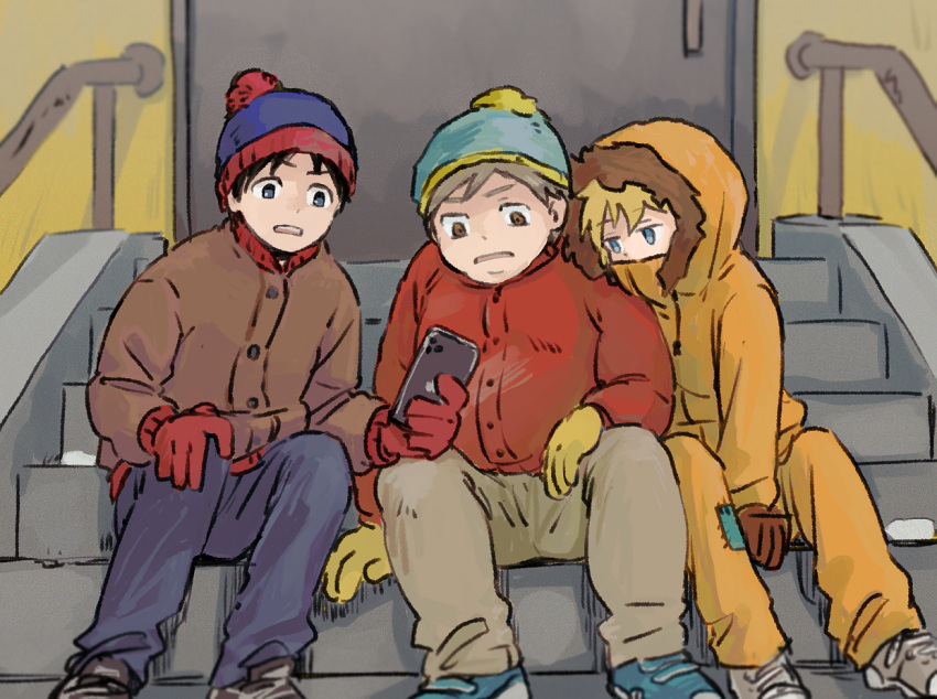 3boys animification beanie black_hair blonde_hair blue_eyes brown_eyes brown_gloves brown_hair eokiba-um eric_cartman gloves hat holding holding_phone hood hoodie kenny_mccormick male_child male_focus multiple_boys orange_pants pants phone red_gloves shoes sitting sitting_on_stairs sneakers south_park stairs stan_marsh yellow_gloves