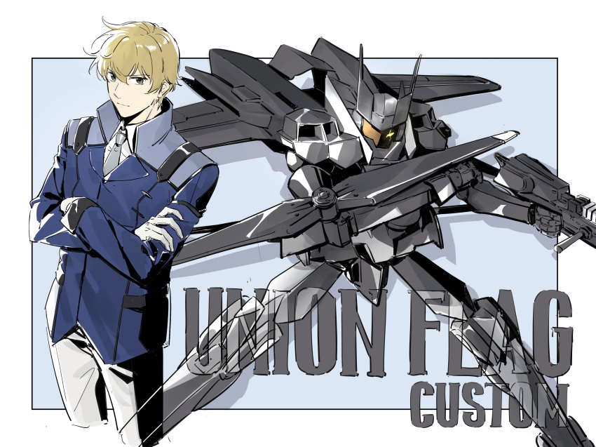 1boy absurdres armor assault_visor black_armor blonde_hair blue_eyes blue_jacket character_name collared_shirt commentary_request crossed_arms flag_custom glowing glowing_eye graham_aker grey_necktie gun gundam gundam_00 highres holding holding_gun holding_weapon jacket male_focus md5_mismatch mecha military military_uniform mobile_suit nanao_parakeet necktie pants resolution_mismatch robot scar scar_on_face science_fiction shirt source_larger uniform weapon white_pants white_shirt yellow_eyes