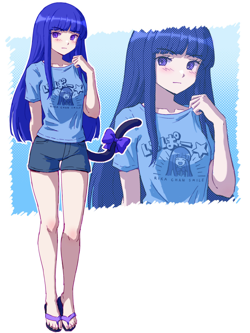 1girl absurdres alternate_costume arm_behind_back blue_hair blue_shirt blunt_bangs bow casual cat_tail character_print clothes_writing collarbone commentary denim denim_shorts english_text eyes_visible_through_hair flip-flops frederica_bernkastel full_body furude_rika halftone halftone_background highres higurashi_no_naku_koro_ni hime_cut light_blush long_hair looking_to_the_side outline print_shirt purple_bow purple_eyes sandals shirt shorts sidelocks solo t-shirt tail tail_bow tail_ornament umineko_no_naku_koro_ni white_background white_outline zawabug zoom_layer