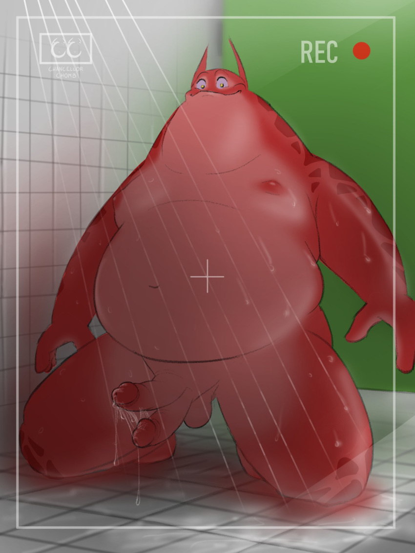 2021 2_penises 3:4 alien anthro bathing belly big_belly bodily_fluids booster_sinclair_munchapper buzz_lightyear_of_star_command camera_view chancellorchomb digital_media_(artwork) diphallism disney dripping english_text erection full-length_portrait genital_fluids genitals hi_res kneeling looking_at_viewer male moobs multi_genitalia multi_penis nipples overweight overweight_male penis pinup portrait pose precum precum_drip recording red_body showering solo text vertical_diphallism wet wet_body