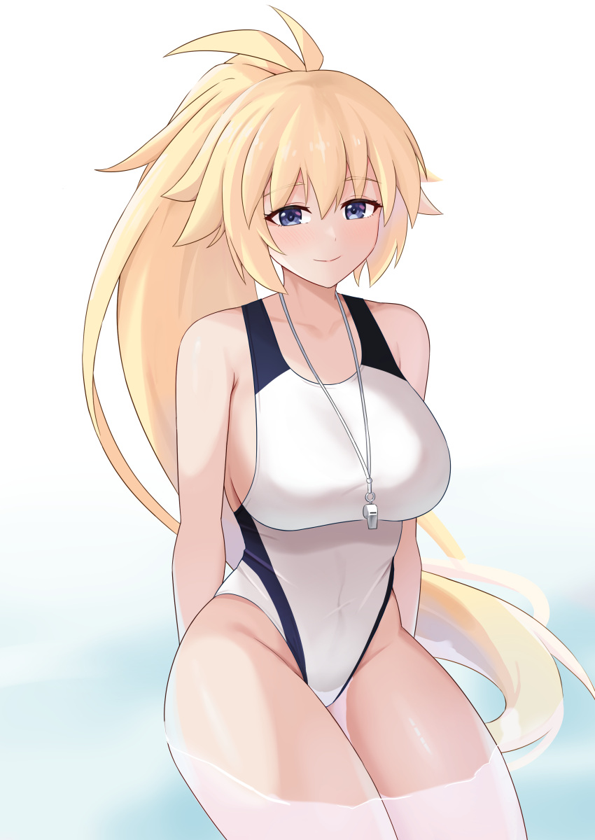 1girl absurdres blonde_hair blue_eyes breasts competition_swimsuit fate/grand_order fate_(series) high_ponytail highleg highleg_swimsuit highres jeanne_d'arc_(fate) jeanne_d'arc_(swimsuit_archer)_(fate) jeanne_d'arc_(swimsuit_archer)_(second_ascension)_(fate) large_breasts liu_han long_hair one-piece_swimsuit sitting solo swimsuit two-tone_swimsuit very_long_hair whistle whistle_around_neck white_one-piece_swimsuit