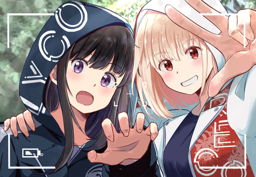 2girls :d battery_indicator black_hair blonde_hair blue_hoodie blue_shirt blurry blush bokeh chai_haru clenched_teeth commentary_request depth_of_field hand_on_another's_shoulder highres hood hood_up hoodie inoue_takina jacket long_hair long_sleeves looking_at_viewer lycoris_recoil multiple_girls nishikigi_chisato open_clothes open_jacket open_mouth paw_pose purple_eyes red_eyes shirt short_hair sidelocks smile teeth upper_body variant_set viewfinder w white_jacket yuri