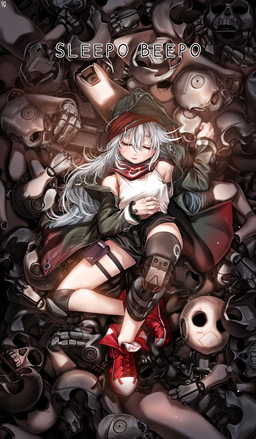 1girl absurdres android assault_rifle black_shorts chtv closed_eyes commentary_request english_text full_body g11_(girls'_frontline) girls'_frontline green_headwear green_jacket grey_hair gun h&amp;k_g11 hair_between_eyes hat highres jacket knee_pads korean_commentary long_hair lying mechanical_parts off_shoulder on_back red_footwear rifle scarf shirt shorts sleeping sleeveless sleeveless_shirt solo very_long_hair weapon white_shirt