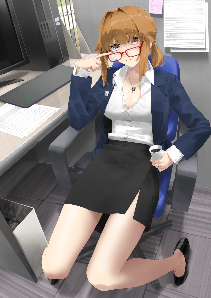 1girl absurdres asimo_(hakurei10201) black_bra black_footwear black_skirt blue_jacket bra bra_visible_through_clothes breasts brown_hair cleavage closed_mouth commission commissioner_upload computer cup eyewear_pull from_above full_body girls'_frontline glasses griffin_&amp;_kryuger grizzly_mkv_(girls'_frontline) hand_up highres holding holding_cup indoors jacket jewelry keyboard_(computer) lapel_pin large_breasts long_sleeves looking_at_viewer looking_over_eyewear medium_hair monitor necklace on_chair open_clothes open_jacket paper partially_unbuttoned ponytail purple_eyes red-framed_eyewear ring shirt sidelocks sitting skeb_commission skirt solo trash_can underwear wedding_ring white_shirt