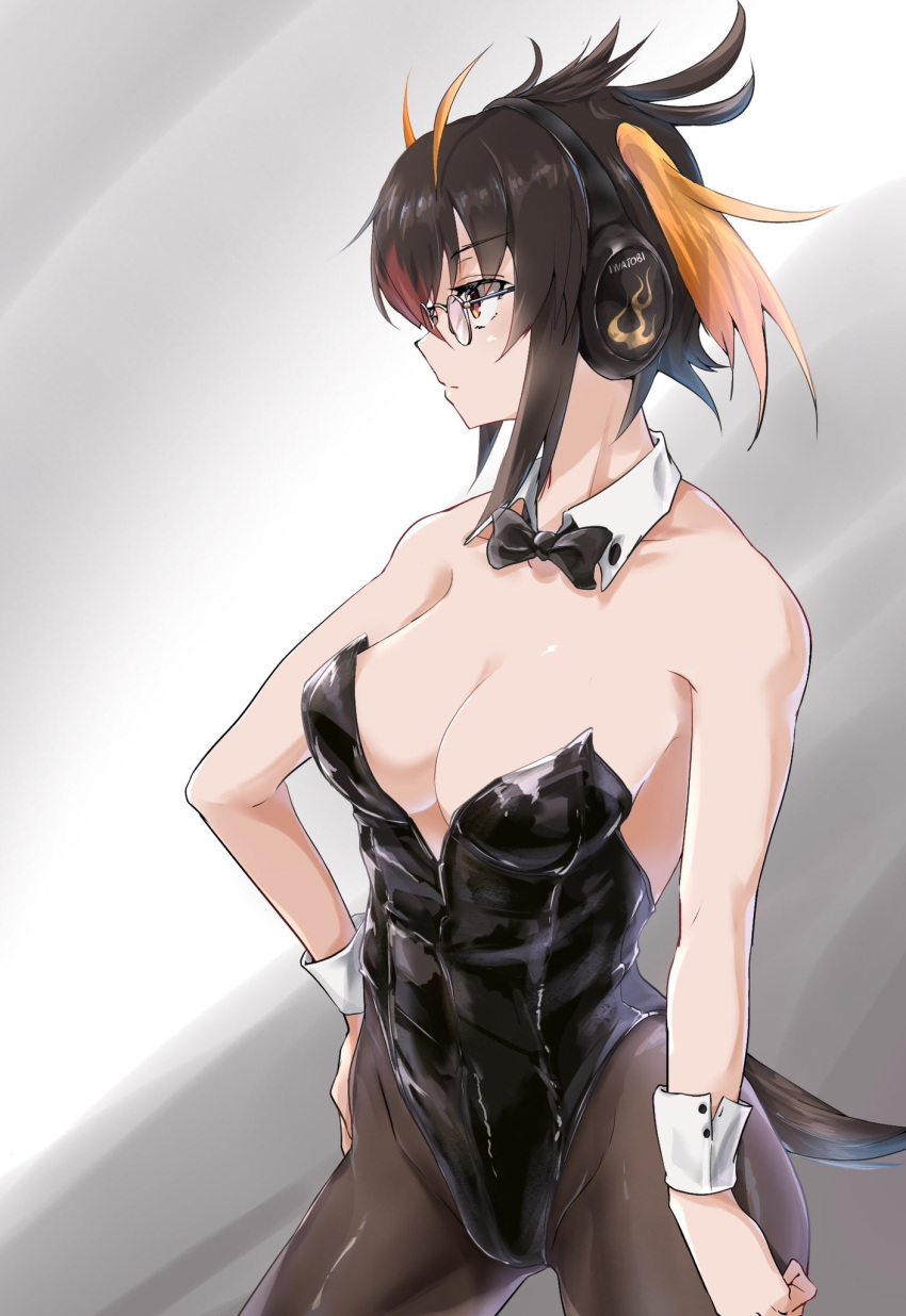 1girl bare_shoulders black_hair black_leotard bow bowtie breasts brown_pantyhose cleavage detached_collar glasses hair_over_one_eye headphones highleg highleg_leotard highres large_breasts leotard looking_to_the_side multicolored_hair pantyhose penguin_tail profile red_eyes red_hair rockhopper_penguin_(kemono_friends) short_hair solo strapless strapless_leotard tail traditional_bowtie wifi1981321 wrist_cuffs