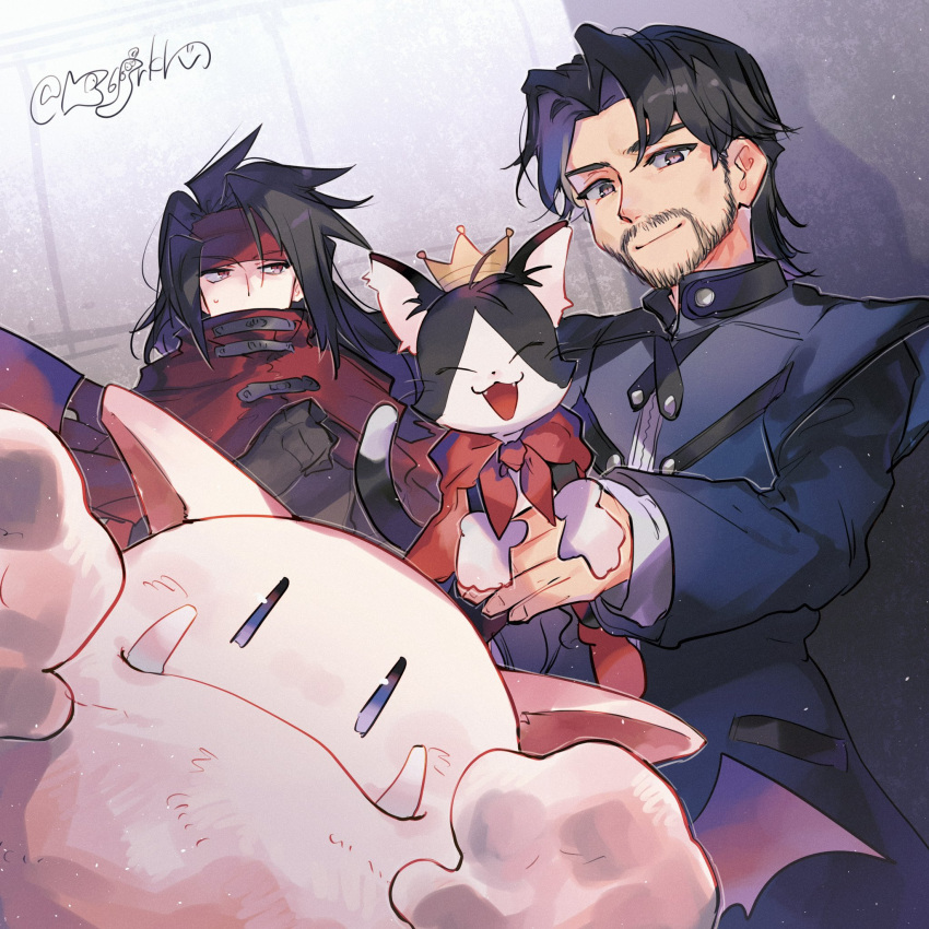2boys 2others black_hair blue_jacket blue_suit brown_eyes cait_sith_(ff7) cat cloak closed_eyes crown dirge_of_cerberus_final_fantasy_vii facial_hair fangs fangs_out final_fantasy final_fantasy_vii gloves goatee hanaon headband highres jacket long_hair long_sleeves looking_at_viewer male_focus medium_hair mini_crown moogle multiple_boys multiple_others open_mouth parted_bangs red_cloak red_eyes red_headband reeve_tuesti shirt smile suit twitter_username two-tone_fur upper_body vincent_valentine white_gloves white_shirt