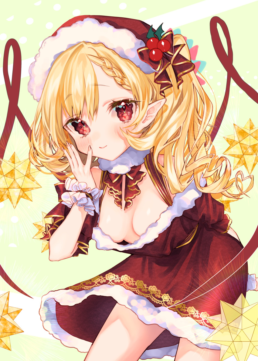 1girl absurdres arm_behind_back blonde_hair braid braided_bangs breasts christmas closed_mouth crystal downblouse dress drill_hair fang fingernails flandre_scarlet frilled_cuffs frilled_sleeves frills fur-trimmed_dress fur_collar fur_trim hat hat_ribbon highres holly leaning_forward looking_at_viewer mokokiyo_(asaddr) neck_ribbon off-shoulder_dress off_shoulder ojou-sama_pose one_side_up pointy_ears red_dress red_eyes red_headwear red_ribbon ribbon santa_dress santa_hat sharp_fingernails short_dress short_sleeves side_drill small_breasts smile solo standing touhou wings
