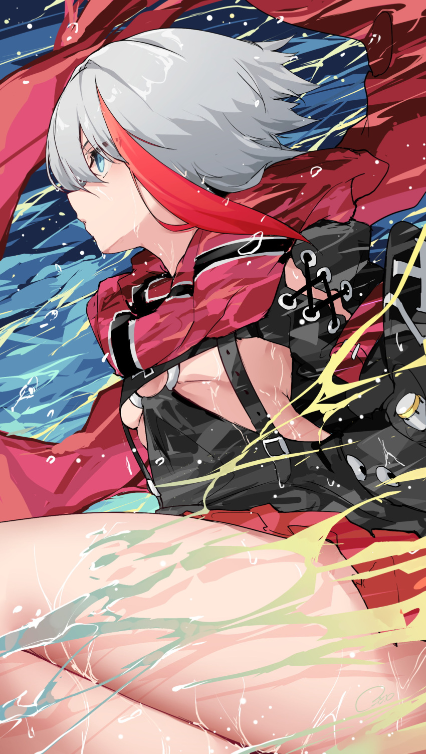 1girl absurdres admiral_graf_spee_(azur_lane) azur_lane bare_legs black_dress blue_eyes breasts clothing_cutout commentary_request dress expressionless frilled_dress frills from_side highres leg_up legs_folded looking_to_the_side medium_hair midriff multicolored_hair no_bra o-ring_dress osisio red_hair red_scarf scarf sideless_outfit small_breasts solo streaked_hair thighs two-tone_hair underboob underboob_cutout upskirt wet wet_clothes white_hair