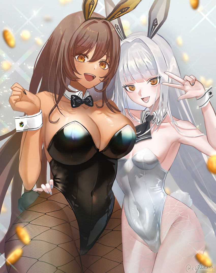 2girls animal_ear_headwear animal_ears ascot bare_shoulders black_ascot black_leotard black_nails blanc_(nikke) blunt_bangs breasts brown_eyes brown_hair brown_pantyhose cleavage collarbone covered_navel dark-skinned_female dark_skin detached_collar fake_animal_ears fake_tail fishnet_pantyhose fishnets goddess_of_victory:_nikke hair_between_eyes hair_intakes hand_on_another's_hip highleg highleg_leotard highres kojijima large_breasts leotard light_blush long_hair looking_at_viewer medium_breasts multiple_girls nail_polish noir_(nikke) open_mouth pantyhose playboy_bunny rabbit_ears rabbit_tail sideboob silver_nails strapless strapless_leotard tail very_long_hair white_hair white_leotard wrist_cuffs