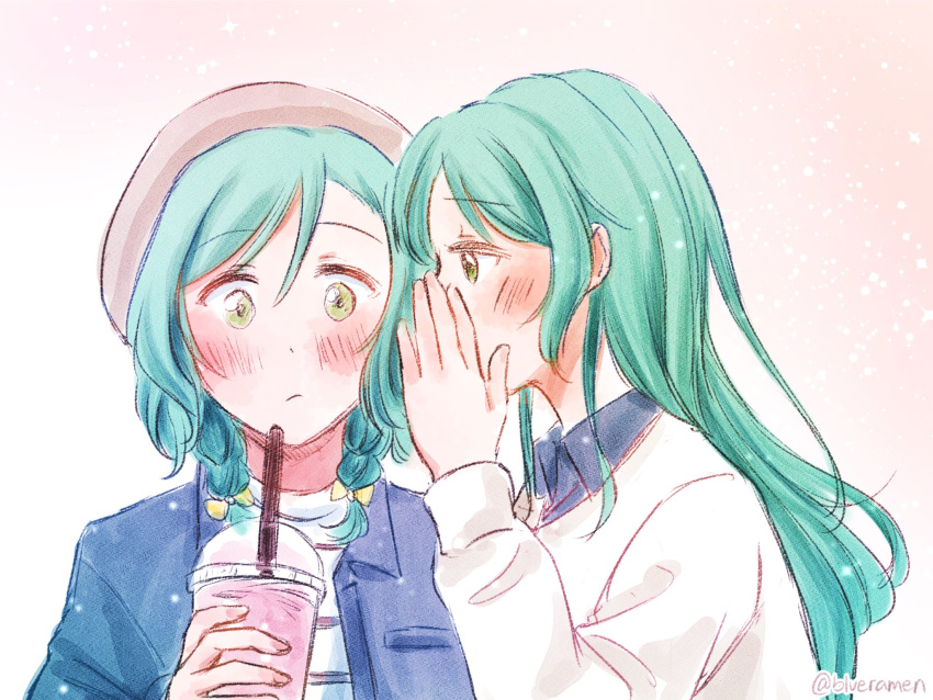 2girls aqua_hair bang_dream! blue_jacket blue_shirt blush bow braid brown_headwear collared_shirt drink green_eyes hair_bow highres holding holding_drink jacket long_hair looking_at_viewer medium_hair multiple_girls multiple_hair_bows shirt siblings signature sisters sweater twin_braids twins whispering_in_ear white_sweater wide-eyed xin_(blueramen)