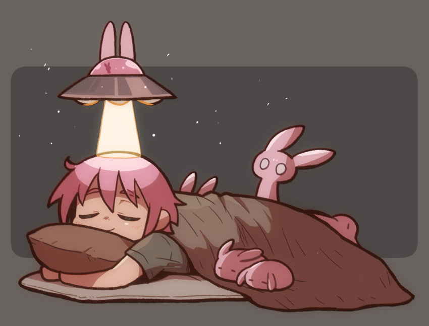 1girl animal closed_eyes commentary cowlick flying_saucer futon grey_background grey_shirt highres hugging_object light_particles lying on_stomach original pillow pillow_hug pink_hair rabbit shirt short_hair short_sleeves sleeping smile solo spacecraft spotlight takurada ufo under_covers