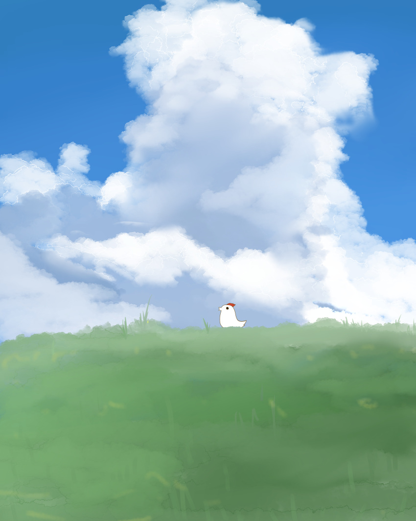 absurdres bird blue_sky chicken cloud commentary_request cookie_(touhou) day grass highres no_humans outdoors scenery sky su_mihisa the_chicken_that_appears_in_the_middle_of_cookie