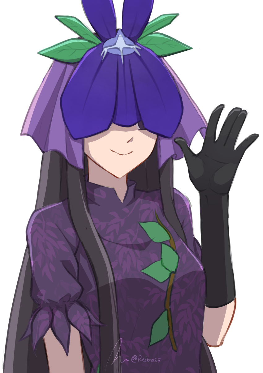 1girl absurdres black_gloves black_hair breasts china_dress chinese_clothes covered_eyes dress elbow_gloves flower flower_on_head gloves hand_up highres long_hair purple_dress purple_eyes purple_flower restra25 sidelocks simple_background smile solo touhou upper_body vine_print white_background yomotsu_hisami