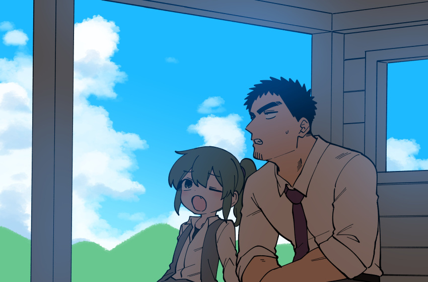 1boy 1girl absurdres black_hair blue_sky blush cloud coat collared_shirt day facial_hair fang goatee green_eyes green_hair highres hill igarashi_futaba_(shiromanta) medium_hair neck necktie office_lady one_eye_closed open_clothes open_vest outdoors ponytail salaryman senpai_ga_uzai_kouhai_no_hanashi shiromanta shirt short_hair sky stubble summer sweat takeda_harumi_(shiromanta) thick_eyebrows vest