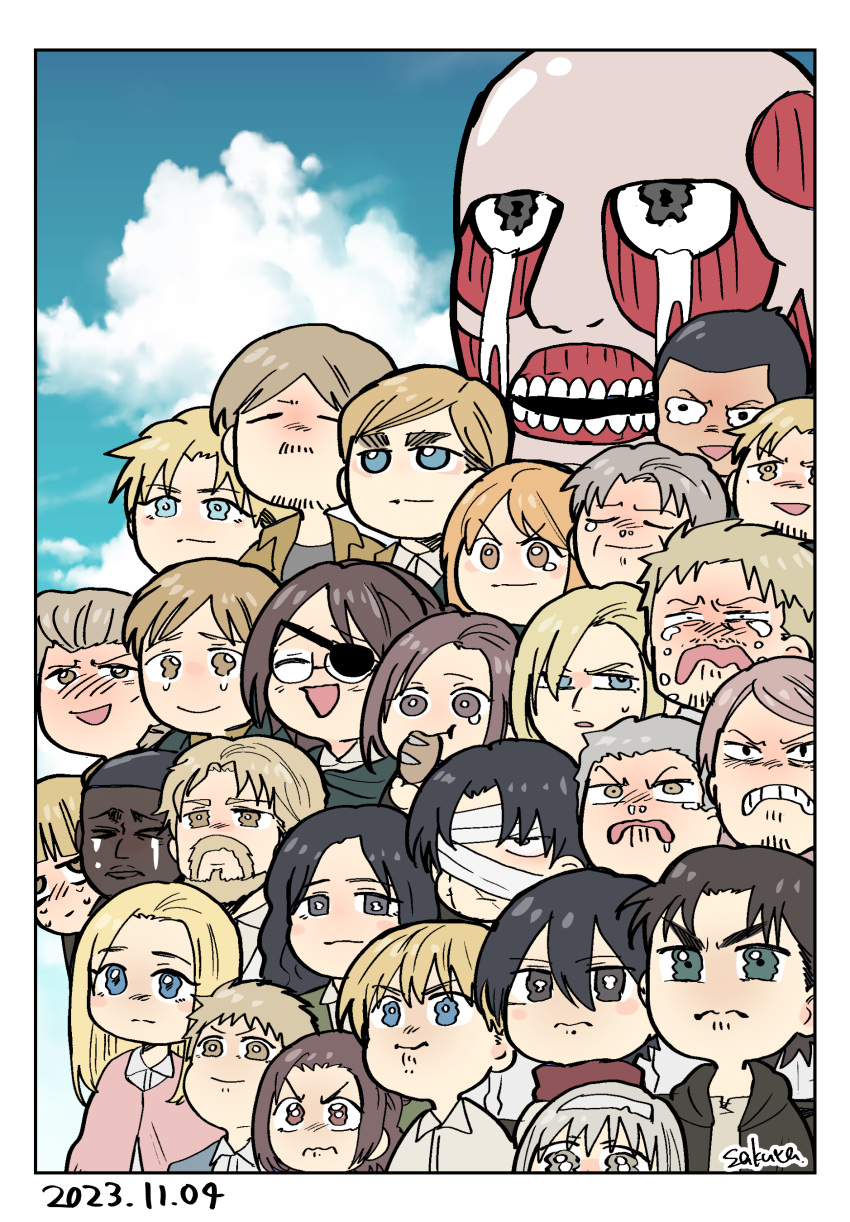 6+boys 6+girls absurdres annie_leonhardt armin_arlert auruo_bossard bertolt_hoover chibi christa_renz colossal_titan connie_springer crying dark-skinned_male dark_skin dated erd_gin eren_yeager erwin_smith expressionless frown gabi_braun goatee_stubble group_picture gunter_shulz hange_zoe happy_tears highres jean_kirchstein levi_(shingeki_no_kyojin) mikasa_ackerman mike_zakarius moblit_berner multiple_boys multiple_girls nanaba onyankopon_(shingeki_no_kyojin) petra_ral pieck_finger porco_galliard reiner_braun sa_ku_ra_0104 sad sasha_braus shingeki_no_kyojin tearing_up tears titan_(shingeki_no_kyojin) wavy_eyes yelena_(shingeki_no_kyojin) ymir_fritz zeke_yeager