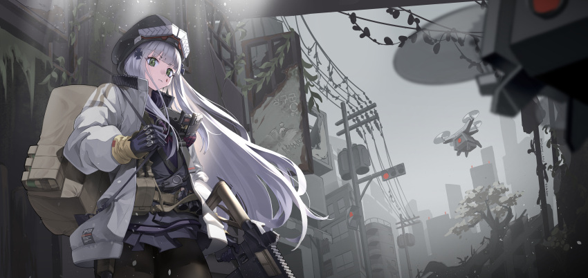 1girl absurdres black_headwear blue_gloves blue_skirt blurry brown_bag building commentary_request cowboy_shot depth_of_field drone future_cake girls'_frontline girls'_frontline_neural_cloud gloves green_eyes gun highres hk416_(girls'_frontline) holding holding_gun holding_weapon jacket korean_commentary long_hair long_sleeves looking_at_viewer looking_down machine military open_clothes open_jacket outdoors plant pleated_skirt skirt solo standing tactical_clothes traffic_light utility_pole vines weapon white_hair white_jacket