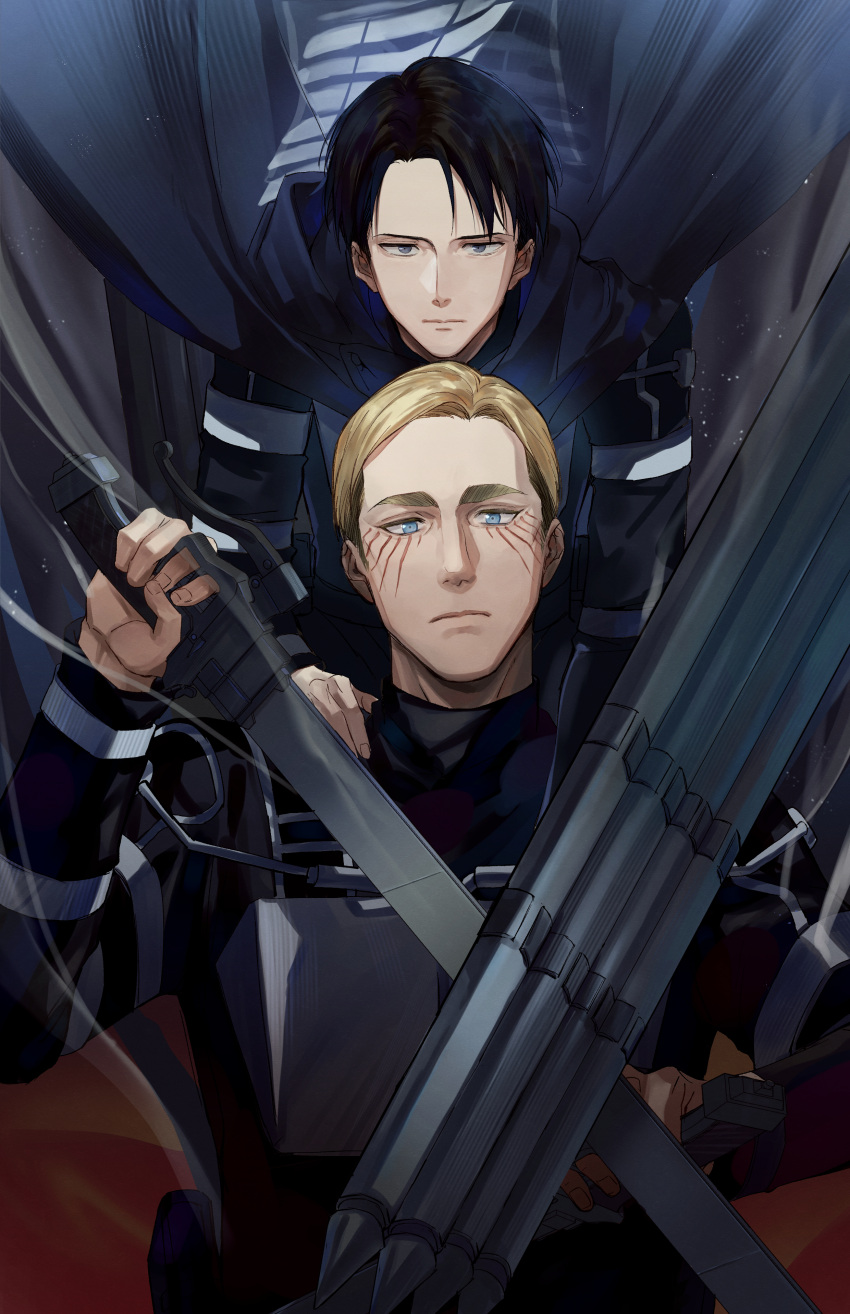 absurdres alternate_costume alternate_universe blonde_hair blue_eyes cannon crossed_swords erwin_smith expressionless facial_mark half-closed_eyes highres levi_(shingeki_no_kyojin) looking_at_viewer luo_jie male_focus shingeki_no_kyojin short_hair survey_corps_(emblem) sword thick_eyebrows weapon