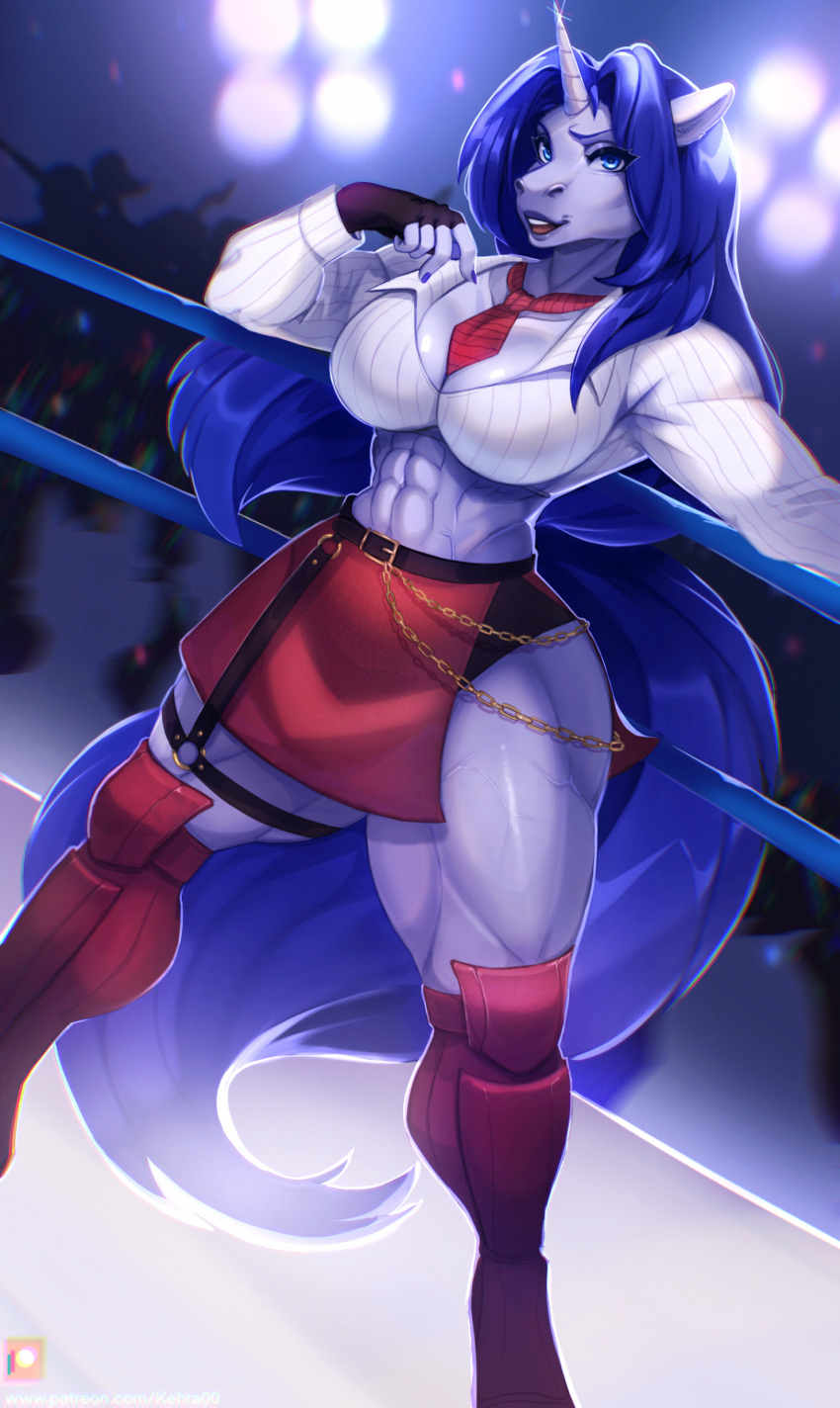 abs absurd_res anthro big_breasts big_tail breasts equid equine female fighting_ring hair hi_res horn kehta00 looking_at_viewer mammal muscular muscular_anthro muscular_female muscular_thighs necktie purity_dewinter solo tail thick_thighs unicorn