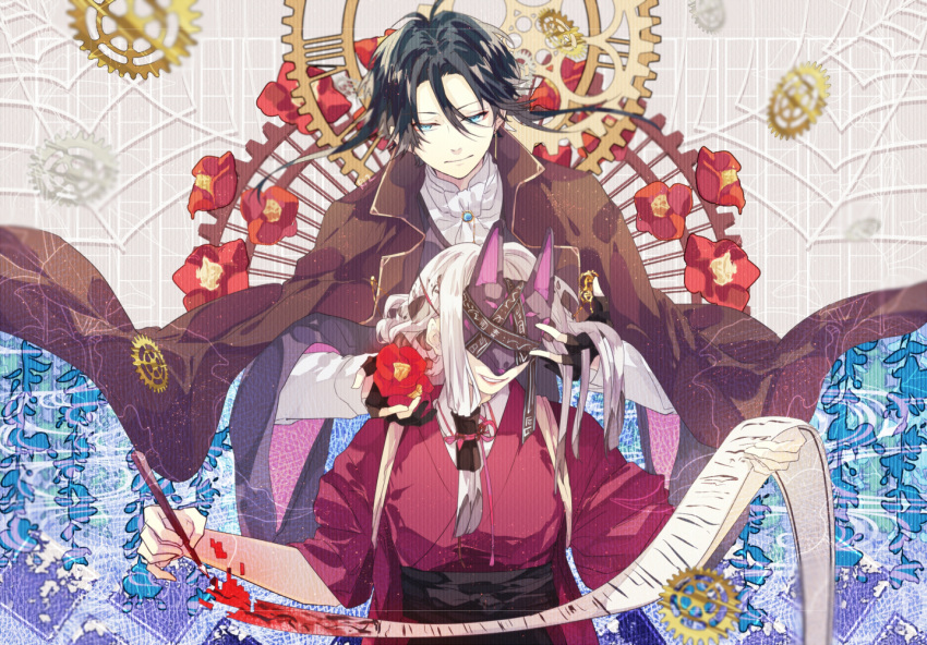 1boy 1girl akutagawa_ryuunosuke_(bungou_to_alchemist) antenna_hair ascot black_gloves black_hair black_sash blue_eyes blue_flower brooch brown_cape bungou_to_alchemist calligraphy_brush camellia cape closed_mouth collared_shirt digital_dissolve earrings flower fox_mask gears genkou_youshi gloves grey_background grey_kimono hair_between_eyes hair_bun hair_tubes half_mask hand_in_another's_hair holding holding_flower holding_paintbrush holding_scroll japanese_clothes jewelry kimono long_hair looking_at_viewer low_ponytail mask neck_ribbon paintbrush parted_lips partially_fingerless_gloves pink_ribbon purple_background rainy4024 red_flower red_kimono ribbon sash scroll shirt sidelocks silk single_earring single_hair_bun smile spider_web tasuki the_alchemist_(bungou_to_alchemist) two-tone_background upper_body white_ascot white_hair white_shirt wisteria writing