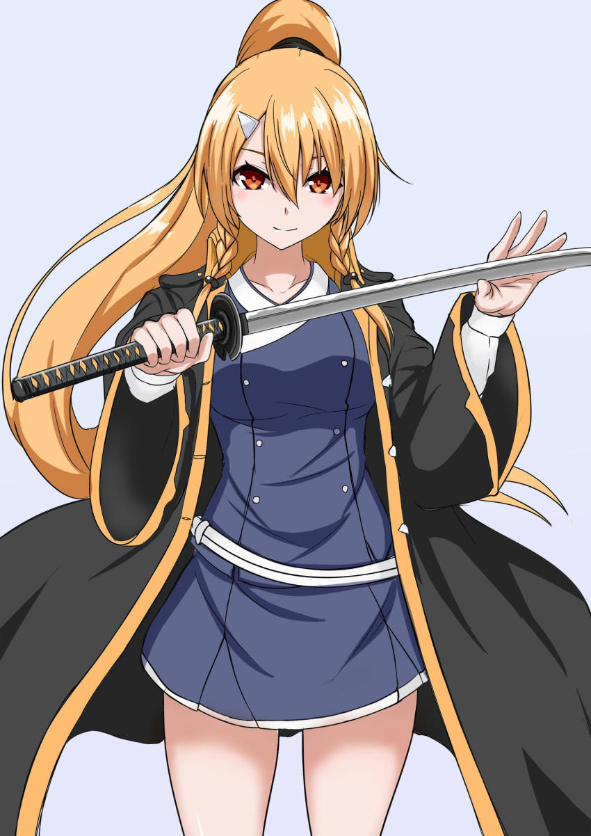 1girl black_coat blue_dress braid buttons closed_mouth coat collarbone double-breasted dress grey_background hair_ornament hairclip hands_up highres holding holding_sword holding_weapon katana kijinmaru_kunishige_(tenka_hyakken) long_hair long_sleeves looking_at_viewer nagishy orange_eyes orange_hair ponytail smile solo sword tenka_hyakken twin_braids weapon