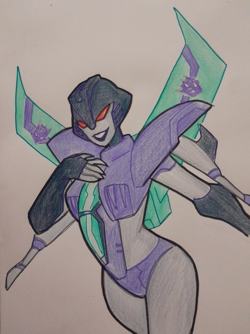 1girl armor black_lips breasts churino colored_skin curvy decepticon grey_skin helmet highres humanoid_robot jet_badge mechanical_wings medium_breasts panties purple_panties red_eyes robot shoulder_armor slipstream_(transformers) thighs traditional_media transformers transformers_animated underwear wings