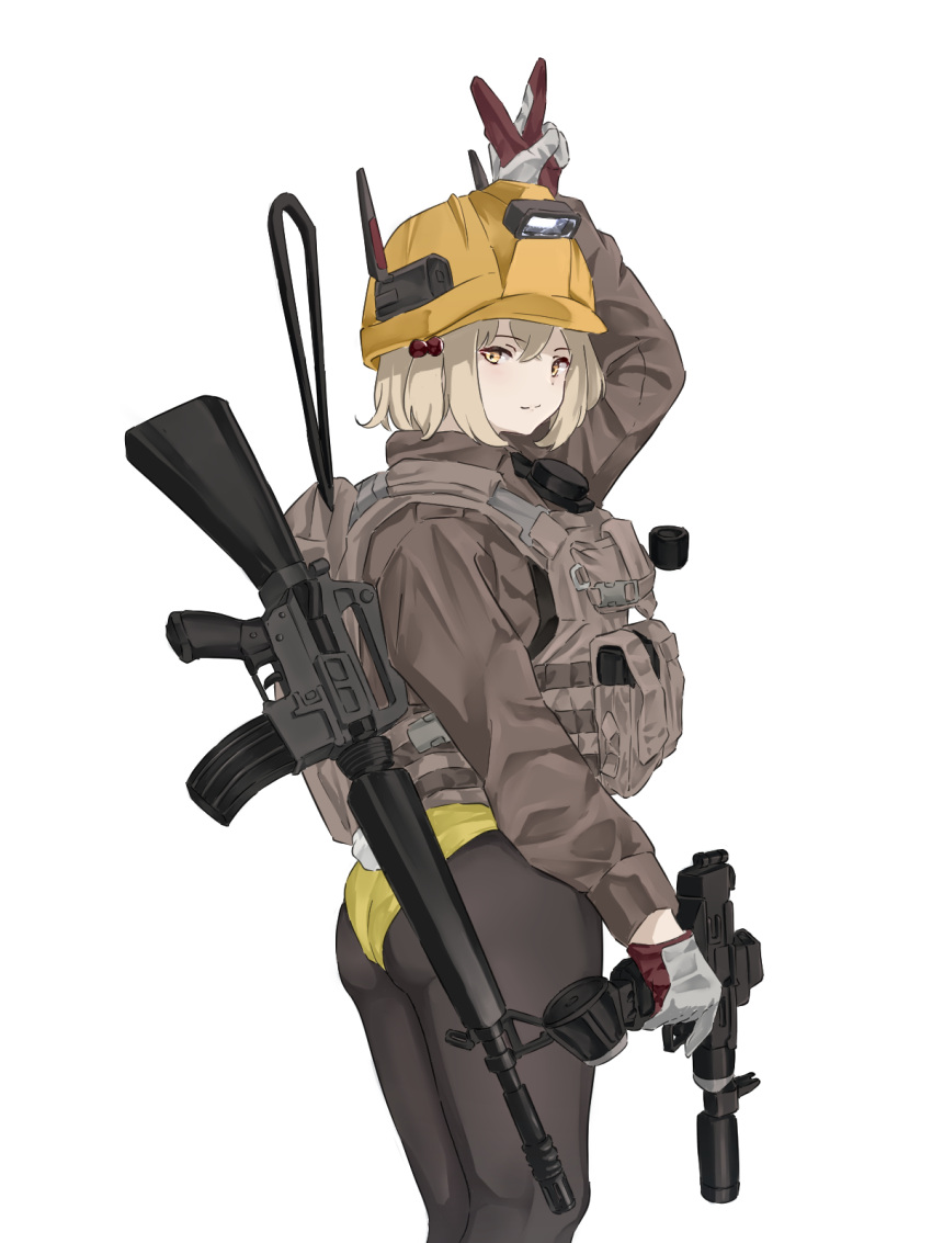 1girl ass assault_rifle black_pantyhose blonde_hair brown_jacket chest_rig drum_magazine goddess_of_victory:_nikke gun hard_hat helmet highres jacket liter_(nikke) long_sleeves looking_at_viewer looking_back m16 m16a4 magazine_(weapon) micro_uzi mutugorou_u pantyhose playboy_bunny rifle smile solo suppressor weapon white_background yellow_corset yellow_eyes yellow_headwear