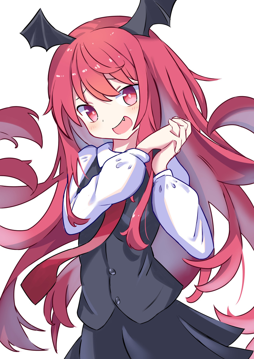 1girl absurdres black_skirt black_vest blush breasts collared_shirt commentary demon_girl demon_wings fang hair_between_eyes head_wings highres holding_hands koakuma long_hair long_sleeves looking_at_viewer necktie open_mouth red_eyes red_hair red_necktie saimu_taju shirt simple_background skirt small_breasts smile solo touhou vest white_background white_shirt wings