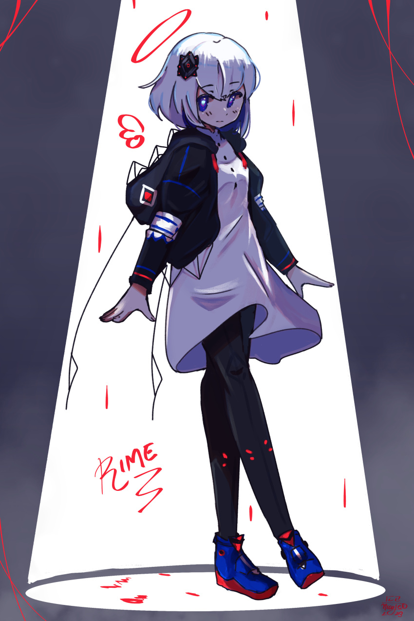 1girl a-pose absurdres aqua_pupils black_jacket black_leggings blue_eyes blue_hair bob_cut buttons cevio character_name colored_inner_hair cropped_jacket crossed_bangs crossed_legs drawn_halo drawn_wings dress dripping full_body hair_ornament halo highres hood hood_down hooded_jacket jacket kamitsubaki_studio leggings long_sleeves multicolored_eyes multicolored_hair nicmangle open_clothes open_jacket purple_eyes rime_(cevio) shoes short_dress signature sneakers solo spotlight standing standing_on_one_leg white_dress white_hair