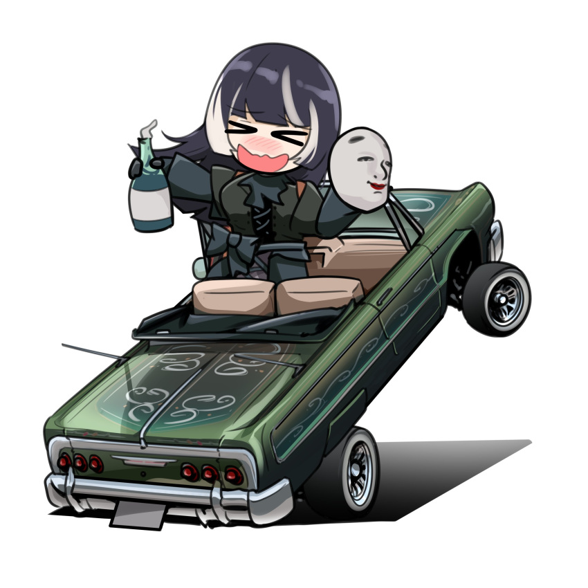 &gt;_&lt; 1girl absurdres black_gloves black_hair blush bottle bow car chibi convertible dress english_commentary floating_hair gloves green_bow green_dress grey_hair highres holding holding_bottle holding_mask holeecrab hololive hololive_dev_is juufuutei_raden lowrider mask midori_tsuki_(nickdoanut) motor_vehicle muscle_car nose_blush shadow simple_background smile solo unworn_mask vehicle_focus vehicle_request virtual_youtuber white_background