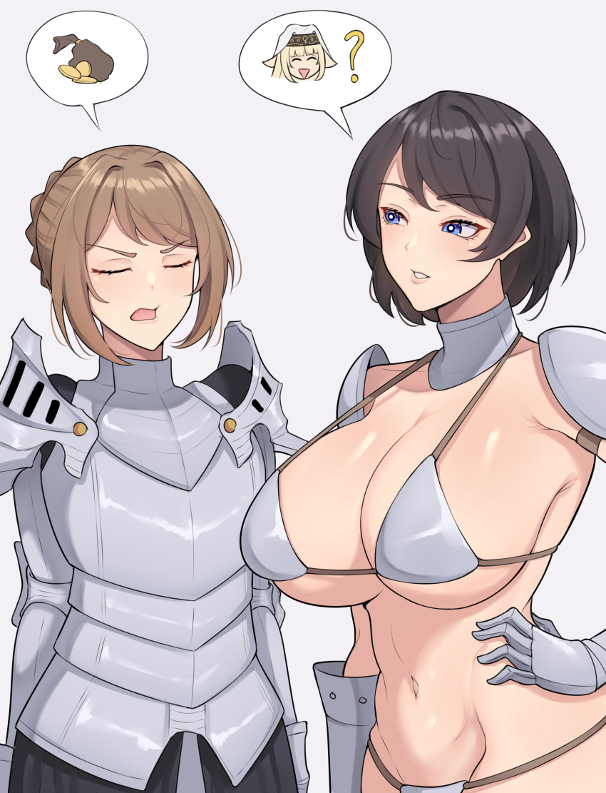 3girls ? absurdres armor band-width bikini_armor black_hair blonde_hair blue_eyes breasts bright_pupils brown_hair closed_eyes coin collar collarbone gauntlets gold_coin grey_background habit highres large_breasts metal_collar multiple_girls navel open_mouth original plate_armor sack short_hair shoulder_armor speech_bubble spoken_object white_pupils