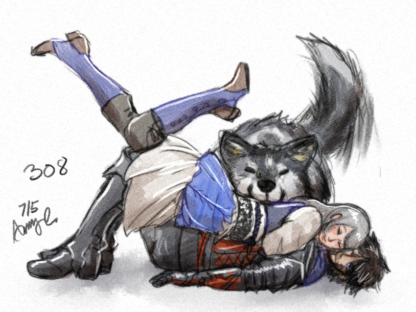 1boy 1girl black_hair clive_rosfield closed_eyes couple dress final_fantasy final_fantasy_xvi grey_hair grey_wolf jill_warrick knees_up lying lying_on_person meme on_back purplepaopu simple_background smile tail torgal_(ff16)