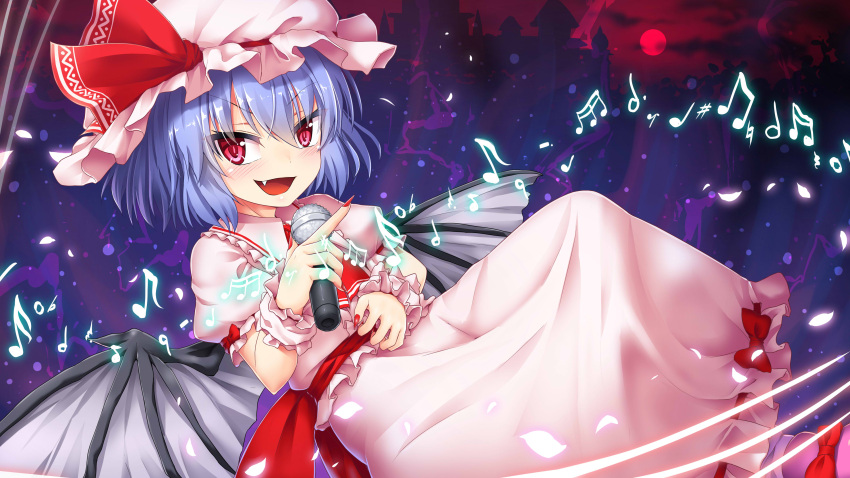 1girl :d absurdres back_bow bat_wings blue_hair blush bow commentary_request fang fingernails frilled_cuffs hat hat_ribbon highres holding holding_microphone long_fingernails long_skirt looking_at_viewer microphone mob_cap music musical_note open_mouth pink_shirt puffy_short_sleeves puffy_sleeves red_bow red_eyes red_nails red_ribbon remilia_scarlet ribbon sharp_fingernails shirt short_hair short_sleeves singing skirt slit_pupils smile solo touhou umarutsufuri v-shaped_eyebrows white_headwear white_skirt white_wrist_cuffs wings