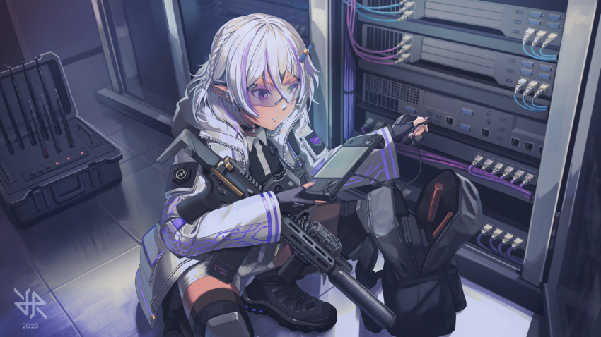 1girl 2023 aac_honey_badger black_gloves black_shirt commission dated fingerless_gloves gloves hacking highres hiroki_ree jacket open_mouth original pointy_ears purple_eyes safety_glasses shirt signature solo squatting steam_deck suppressor white_hair white_jacket