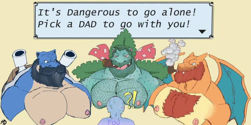 ?! ambiguous_gender anthro beard big_beard big_muscles big_pecs black_beard black_eyes black_mustache black_text blastoise blue_body blue_eyes blue_wings bodily_fluids body_hair brown_shell cannon charizard chest_hair chest_tuft cigar digital_media_(artwork) dragon elemental_creature english_text exclamation_point facial_hair flora_fauna flower flower_(anatomy) gameplay_mechanics generation_1_pokemon green_beard green_body green_hair group hair leaf male male/male membrane_(anatomy) membranous_wings multicolored_body muscular muscular_anthro muscular_male mustache nintendo nipples open_mouth orange_body orange_wings pecs pink_nipples plant pokemon pokemon_(species) pokenerd8 question_mark ranged_weapon red_beard red_chest_hair red_eyes sharp_teeth shell simple_background size_difference smile smoke smoking_pipe starter_trio sweat sweatdrop teeth text tongue tuft two_tone_body venusaur weapon wings ych_(character) yellow_background