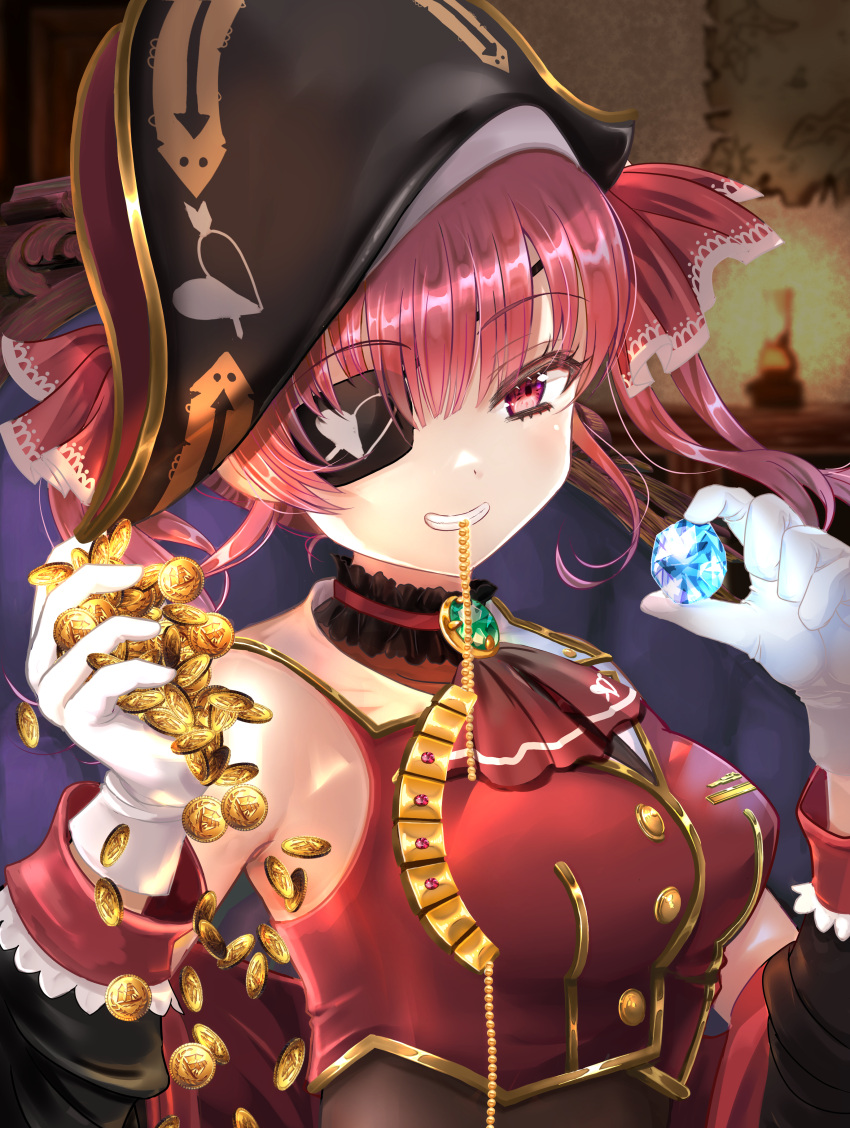 1girl absurdres arrow_(projectile) arrow_through_heart bare_shoulders bicorne black_headwear black_jacket black_leotard blue_gemstone breasts chize coin commentary_request cropped_jacket eyepatch gem gloves gold_coin grin hair_ribbon hat heart highres hololive houshou_marine houshou_marine_(1st_costume) jacket leotard leotard_under_clothes long_hair looking_at_viewer medium_breasts mouth_hold off_shoulder open_clothes open_jacket red_eyes red_hair red_jacket red_ribbon ribbon sleeveless sleeveless_jacket smile solo twintails upper_body virtual_youtuber white_gloves