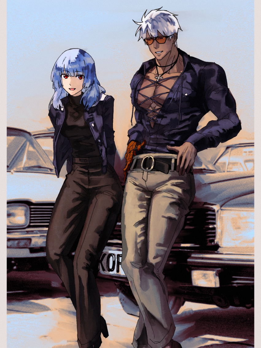 1boy 1girl belt black_pants black_sweater blue_hair blunt_bangs car cross cross_necklace grey_pants hands_on_own_hips highres jacket jewelry k'_(kof) kula_diamond looking_at_viewer motor_vehicle necklace open_clothes open_jacket outdoors pants purple_jacket red_eyes smile strong sweater syachiiro the_king_of_fighters white_hair