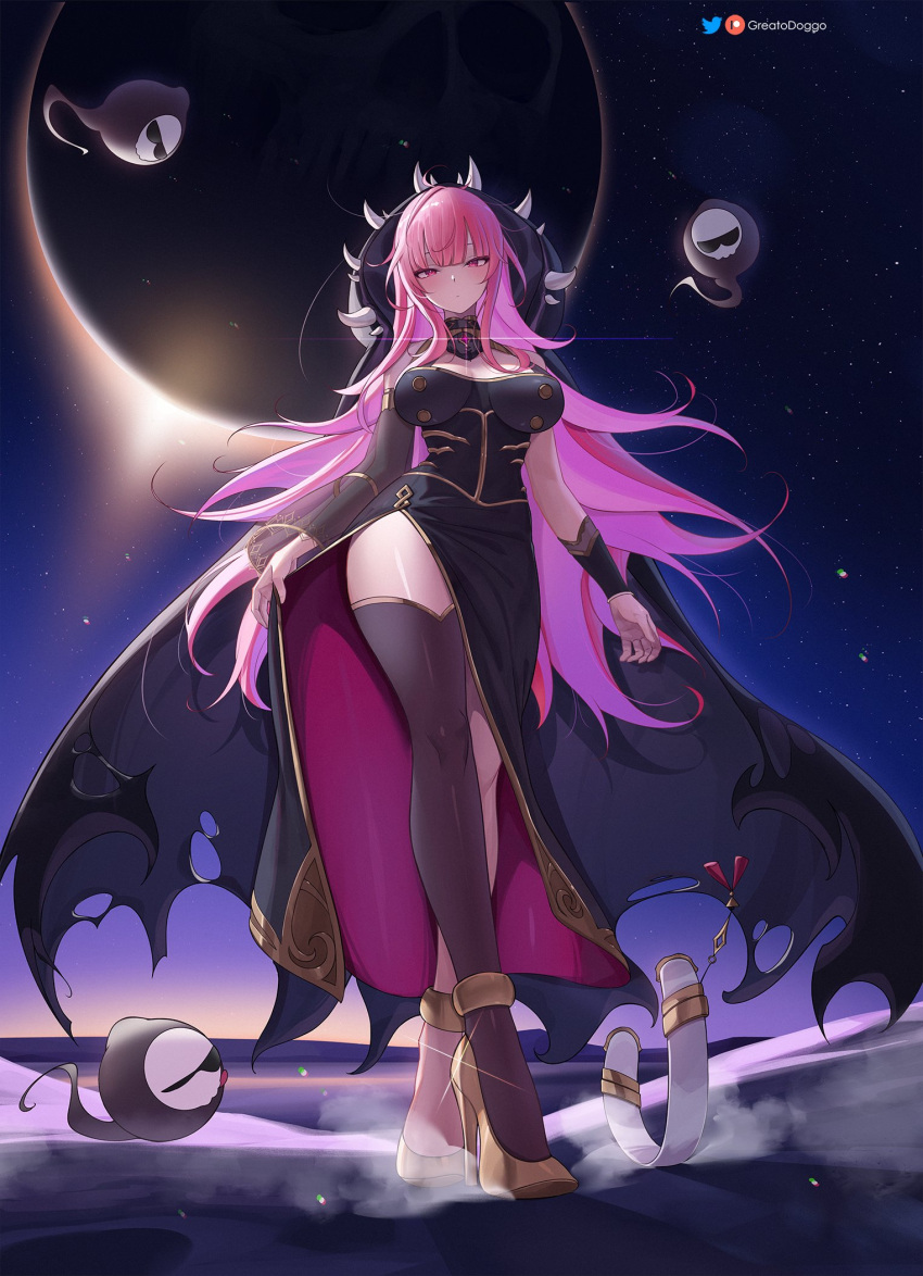 1girl artist_name black_cape black_dress breasts cape choker closed_mouth crossed_legs death-sensei_(mori_calliope) dress eclipse full_body gold_trim greatodoggo high_heels highres hololive hololive_english hood hooded_cape large_breasts legs long_hair looking_at_viewer mori_calliope mori_calliope_(1st_costume) night night_sky pink_hair revision side_slit single_sleeve single_thighhigh skirt_hold sky solar_eclipse spikes star_(sky) starry_sky thighhighs thighs torn_cape torn_clothes very_long_hair virtual_youtuber watson_cross