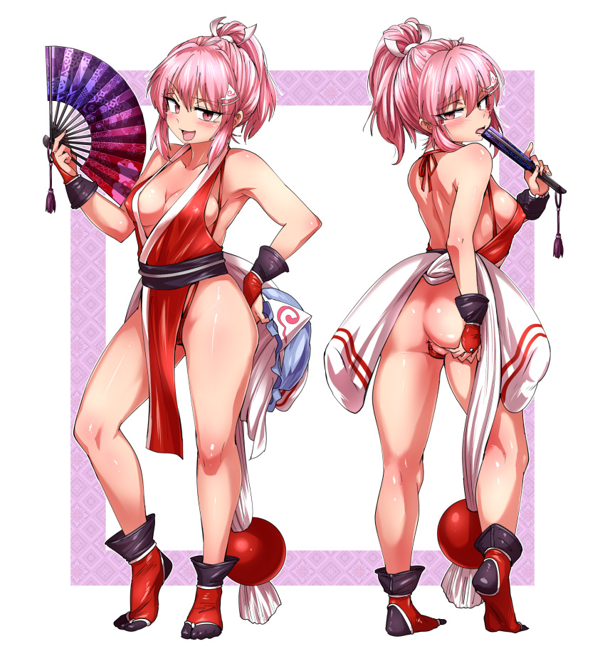 anal anal_ball_wear anal_object_insertion anus ass ass_grab bare_back bare_shoulders breasts cleavage commission commissioner_upload cosplay fanning_self fatal_fury fingerless_gloves folding_fan gloves hair_ornament hand_fan highres japanese_clothes licking ninja obi object_insertion pink_eyes pink_hair ponytail ribbon saigyouji_yuyuko saigyouji_yuyuko's_fan_design sash shimizu_pem shiranui_mai shiranui_mai_(cosplay) short_hair short_ponytail simple_background skeb_commission smile smug spread_ass standing the_king_of_fighters touhou