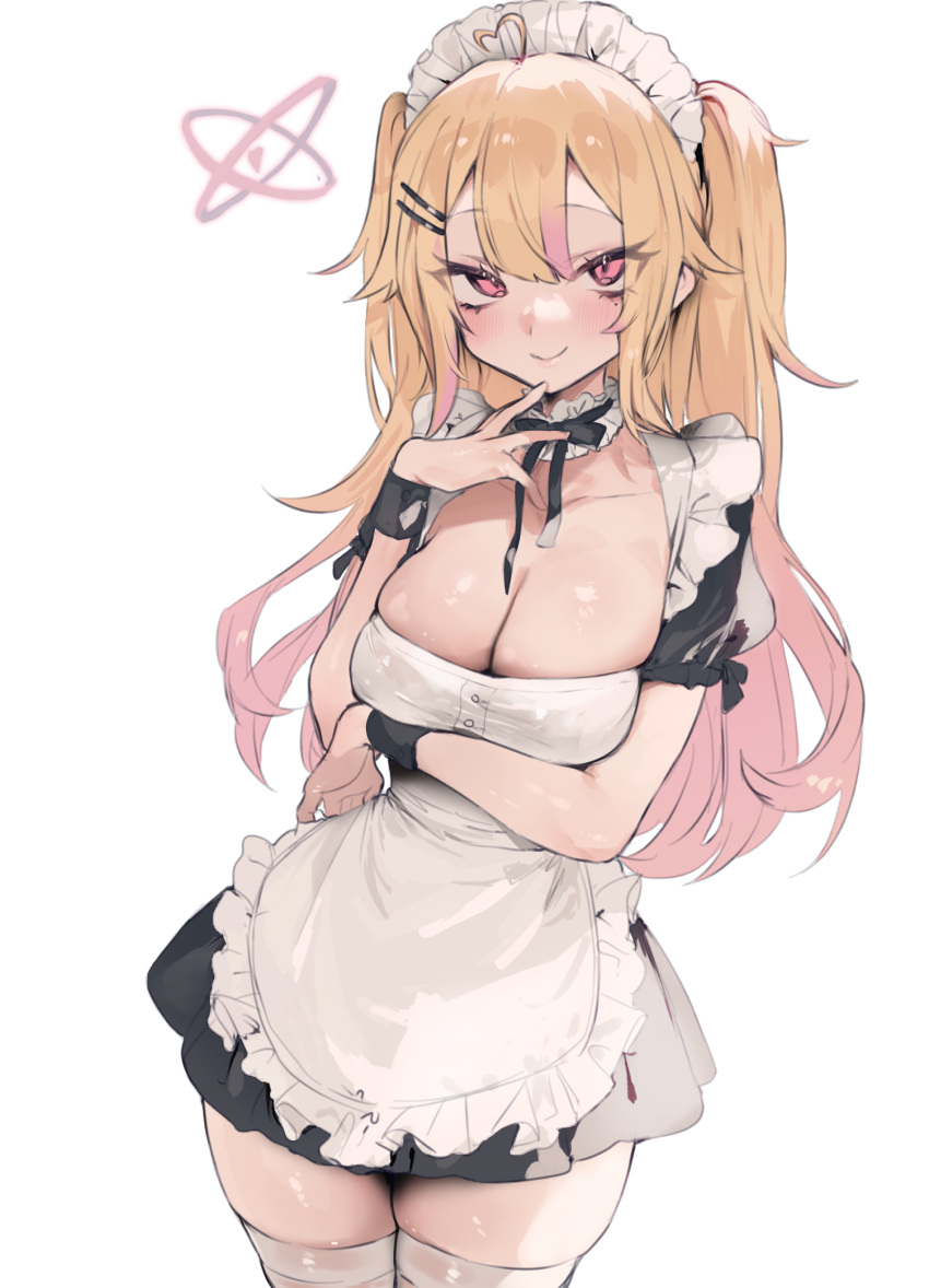 1girl absurdres ahoge bangs blonde_hair blush breasts cleavage gradient_hair hair_ornament hairclip highres kiyomasa_(dangan) maid maid_headdress mole mole_under_eye multicolored_hair original pink_eyes pink_hair simple_background smile solo thighhighs white_background white_thighhighs