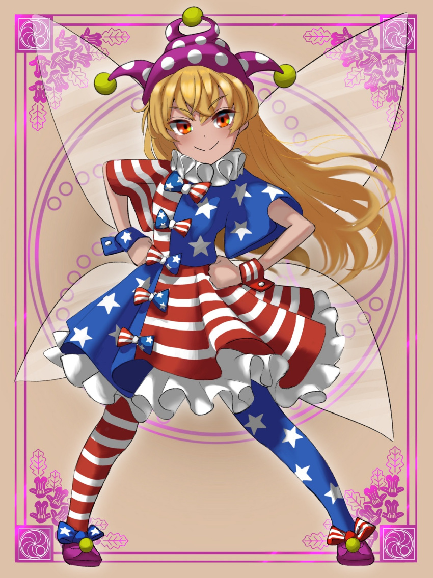 1girl alternate_costume american_flag_dress aoiueo12 blonde_hair clownpiece dress fairy_wings highres long_hair multicolored_clothes multicolored_dress orange_eyes pantyhose polka_dot_headwear puffy_short_sleeves puffy_sleeves short_sleeves solo star_(sky) touhou wings