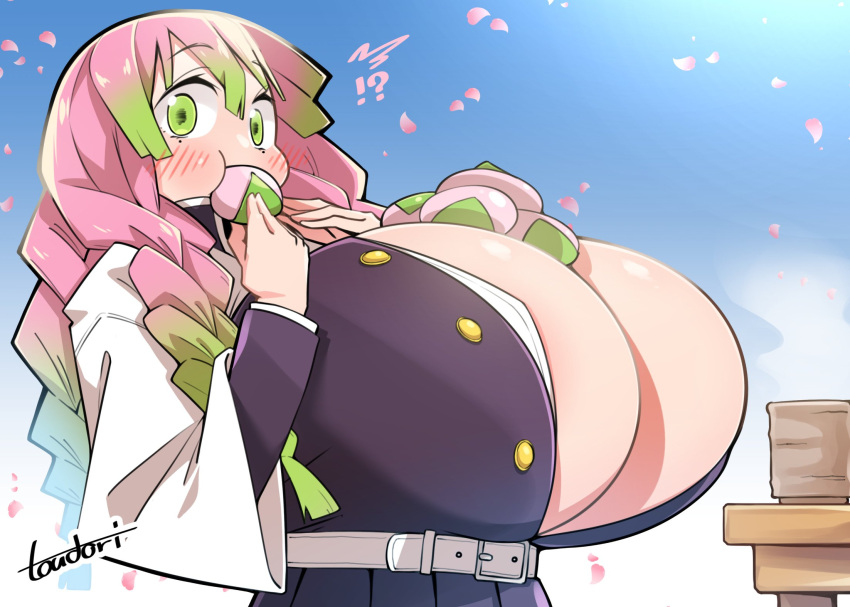 !? 1girl :t belt black_jacket black_skirt braid breasts cleavage covering_mouth demon_slayer_uniform eating food gigantic_breasts gradient_hair green_eyes green_hair hand_over_own_mouth hands_up highres holding holding_food jacket kanroji_mitsuri kimetsu_no_yaiba long_hair long_sleeves looking_at_viewer mole mole_under_eye multicolored_hair outdoors pink_hair pleated_skirt sakura_mochi shirt skirt skirt_set solo toudori tri_braids tri_tails two-tone_hair unbuttoned unbuttoned_shirt upper_body wagashi white_jacket white_shirt