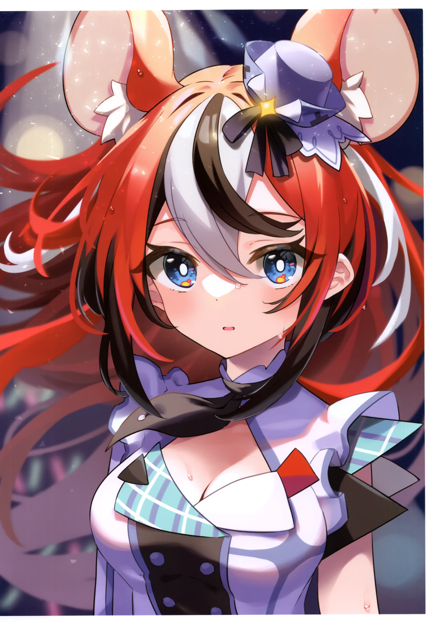 1girl absurdres animal_ear_fluff animal_ears black_hair blue_eyes blue_headwear breasts cleavage hair_between_eyes hakos_baelz highres hololive hololive_english hololive_idol_uniform_(bright) kutata long_hair looking_at_viewer medium_breasts mouse_ears mouse_girl multicolored_hair parted_lips red_hair scan shirt sleeveless sleeveless_shirt solo streaked_hair tilted_headwear upper_body very_long_hair virtual_youtuber white_hair white_shirt