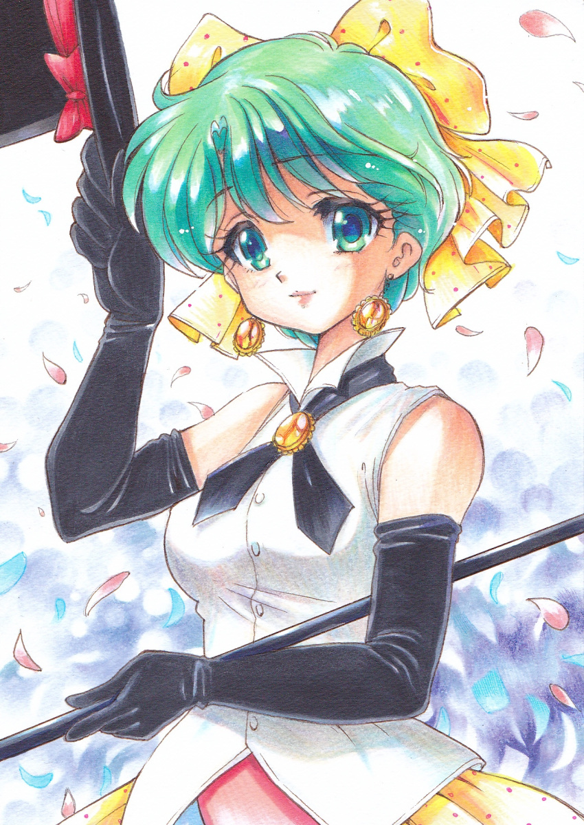 1girl black_headwear blue_eyes bow brooch earrings elbow_gloves gloves green_hair hair_bow hat hat_removed headwear_removed highres jewelry magical_emi magical_girl mahou_no_star_magical_emi marker_(medium) petals ribbon short_hair sleeveless solo tomoeri top_hat traditional_media yellow_bow